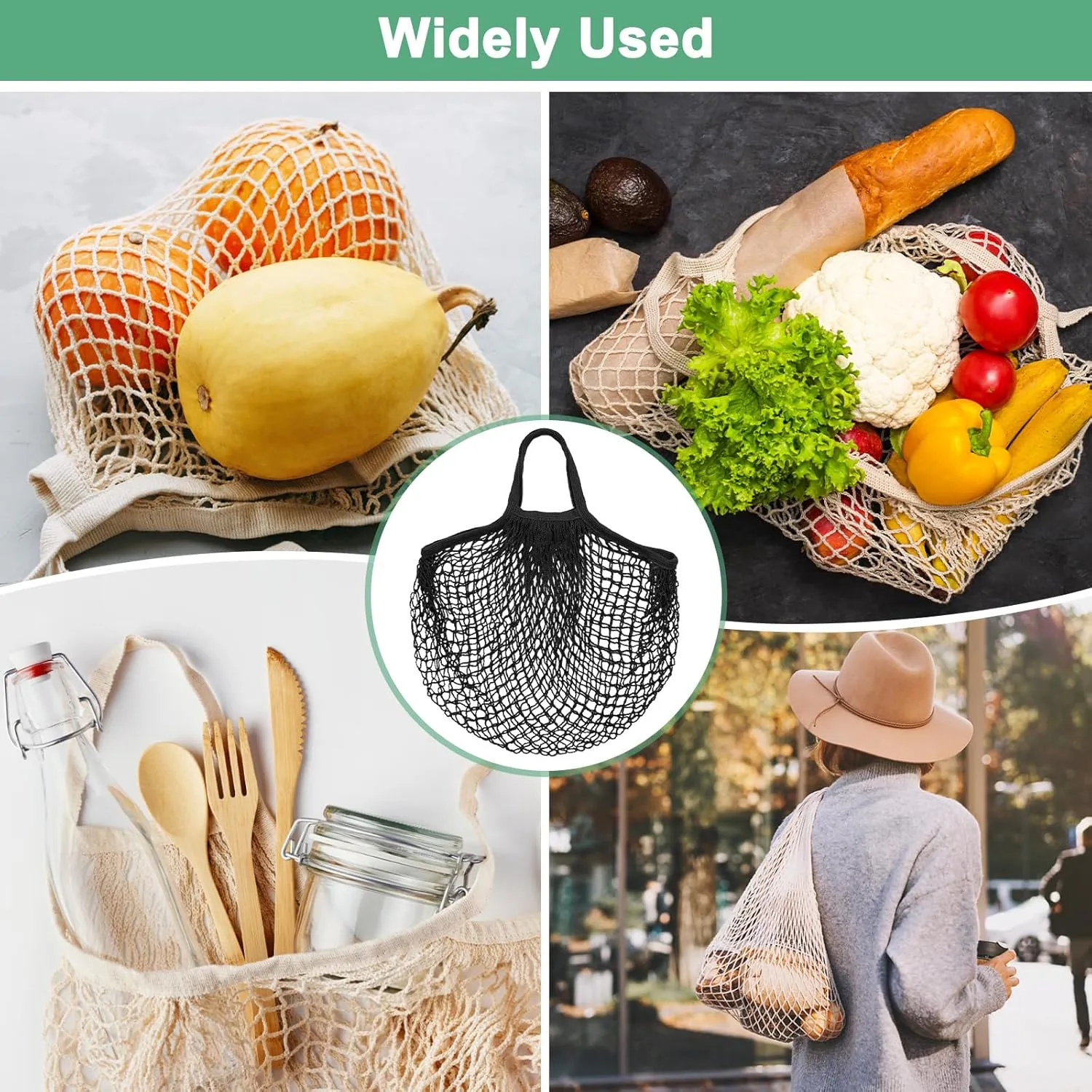 1-Pack Cotton Mesh Bag, Reusable Washable Mesh Net String Grocery Bags, Reusable Produce Bags with Handle, Net Tote Bag for Fruits/Vegetables Shopping [Black, Short Handle]