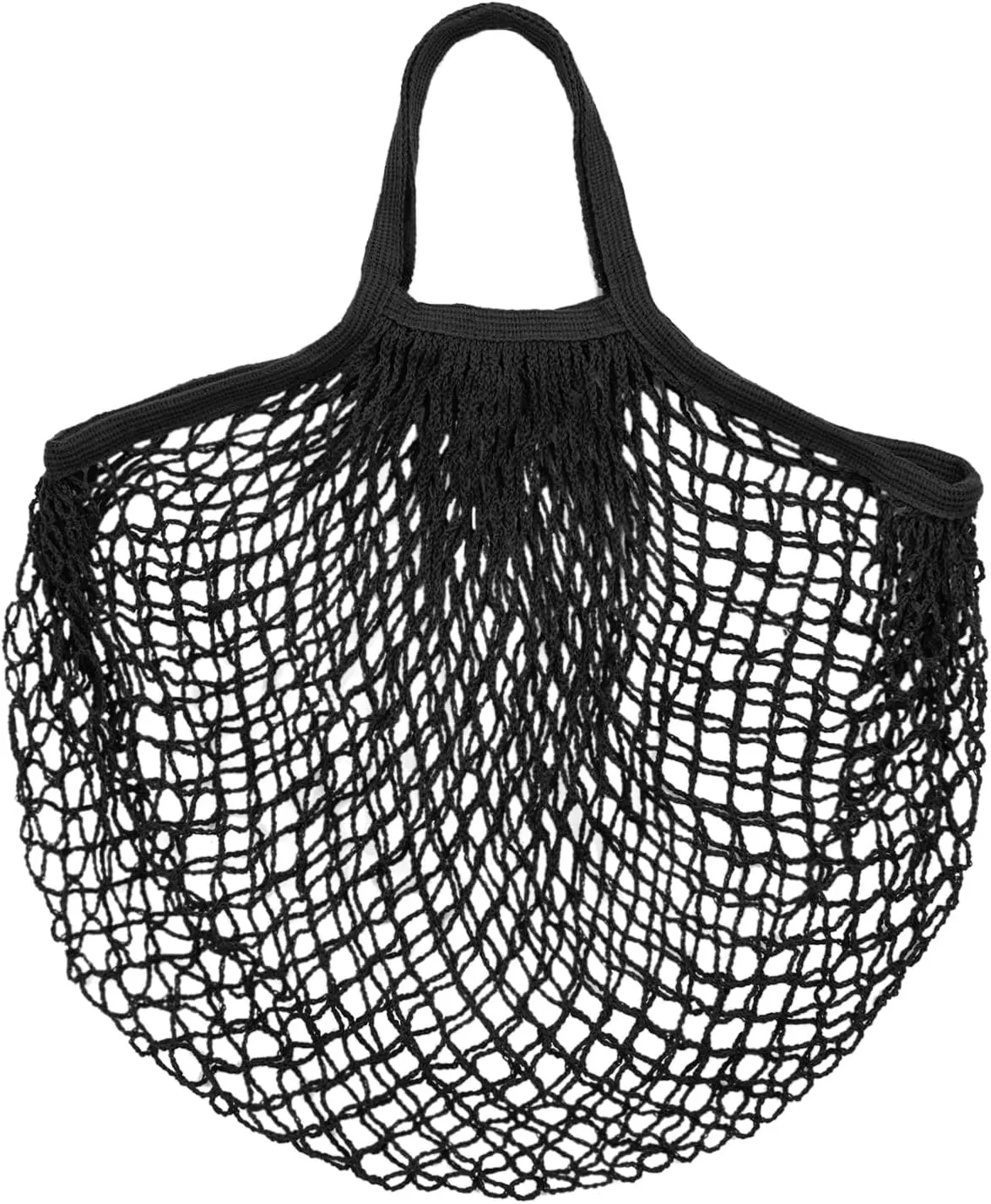 1-Pack Cotton Mesh Bag, Reusable Washable Mesh Net String Grocery Bags, Reusable Produce Bags with Handle, Net Tote Bag for Fruits/Vegetables Shopping [Black, Short Handle]