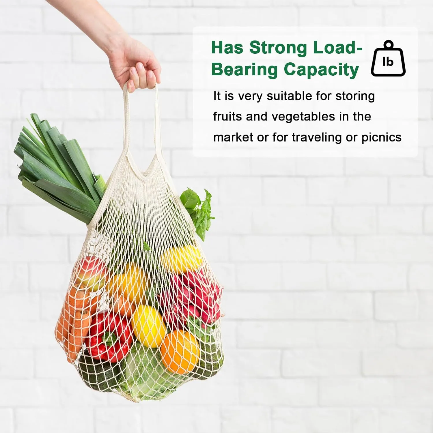 1-Pack Cotton Mesh Bag, Reusable Washable Mesh Net String Grocery Bags, Reusable Produce Bags with Handle, Net Tote Bag for Fruits/Vegetables Shopping [Black, Short Handle]