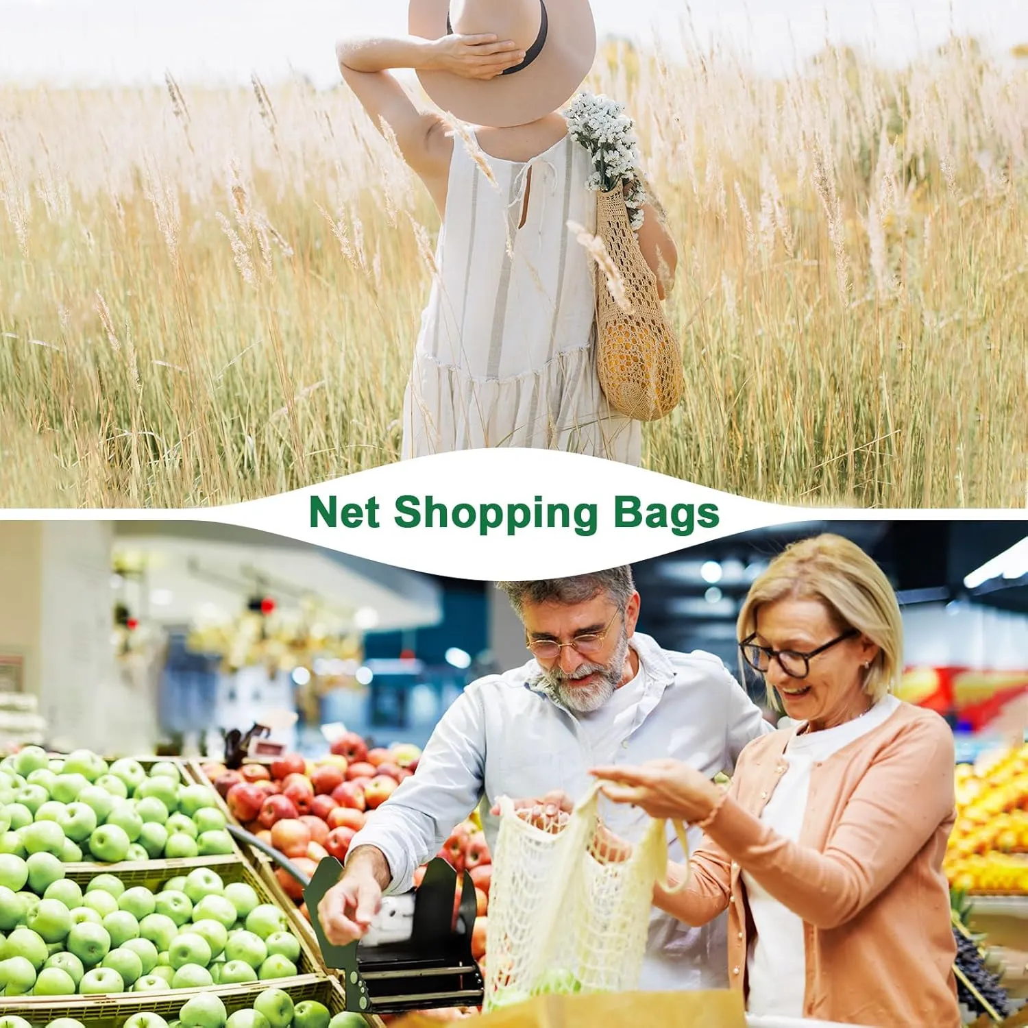 1-Pack Cotton Mesh Bag, Reusable Washable Mesh Net String Grocery Bags, Reusable Produce Bags with Handle, Net Tote Bag for Fruits/Vegetables Shopping [Black, Short Handle]