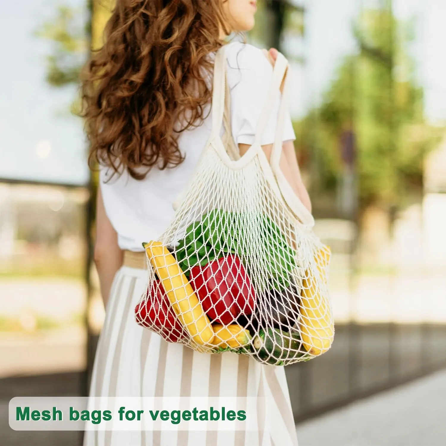 1-Pack Cotton Mesh Bag, Reusable Washable Mesh Net String Grocery Bags, Reusable Produce Bags with Handle, Net Tote Bag for Fruits/Vegetables Shopping [Black, Short Handle]