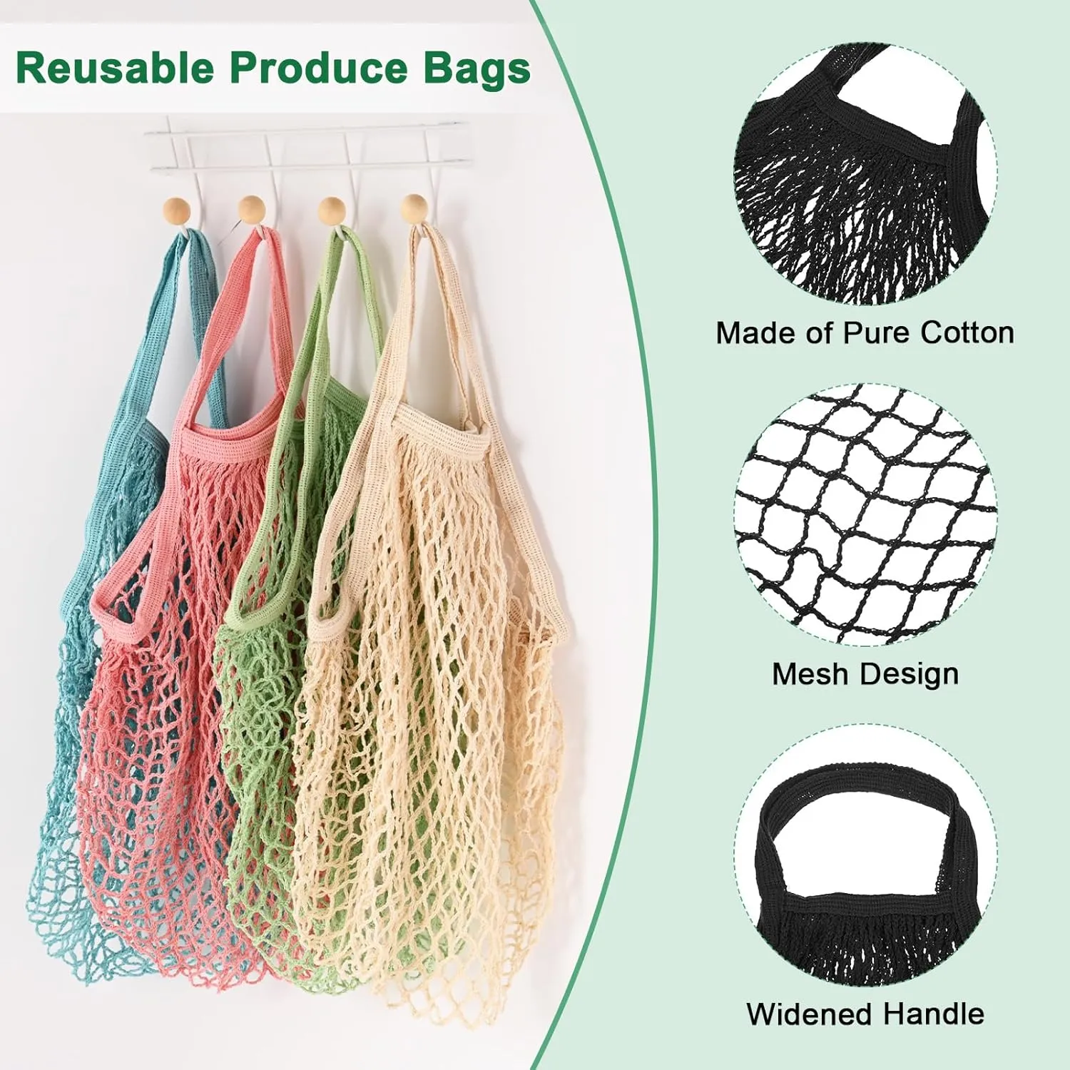 1-Pack Cotton Mesh Bag, Reusable Washable Mesh Net String Grocery Bags, Reusable Produce Bags with Handle, Net Tote Bag for Fruits/Vegetables Shopping [Black, Short Handle]