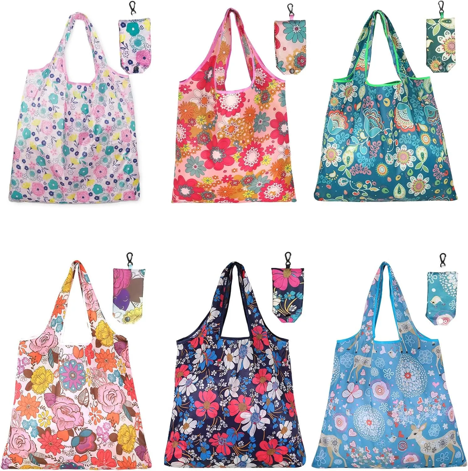 6 Pcs Reusable Shopping Bags Foldable, Machine Washable Shopping Grocery Bags in Pocket , Eco-Friendly Travel Recycle Shopping Bags, Waterproof Pouch Tote Bags for Daily Shopping Supplies load