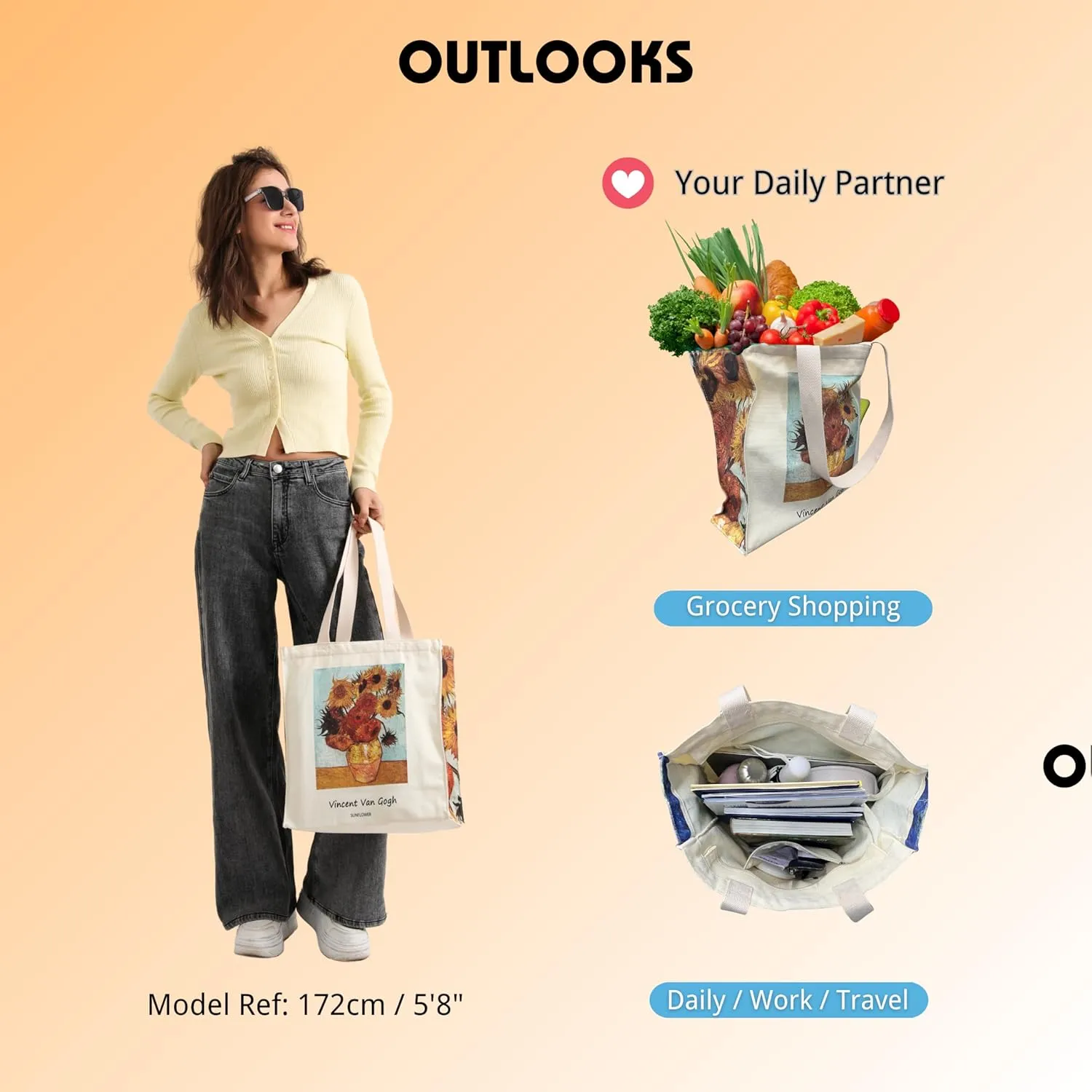 Art Canvas Tote Bag for Women with false flat bottom, zippers,interior Pocket,suitable for Shopping,Work,Travel
