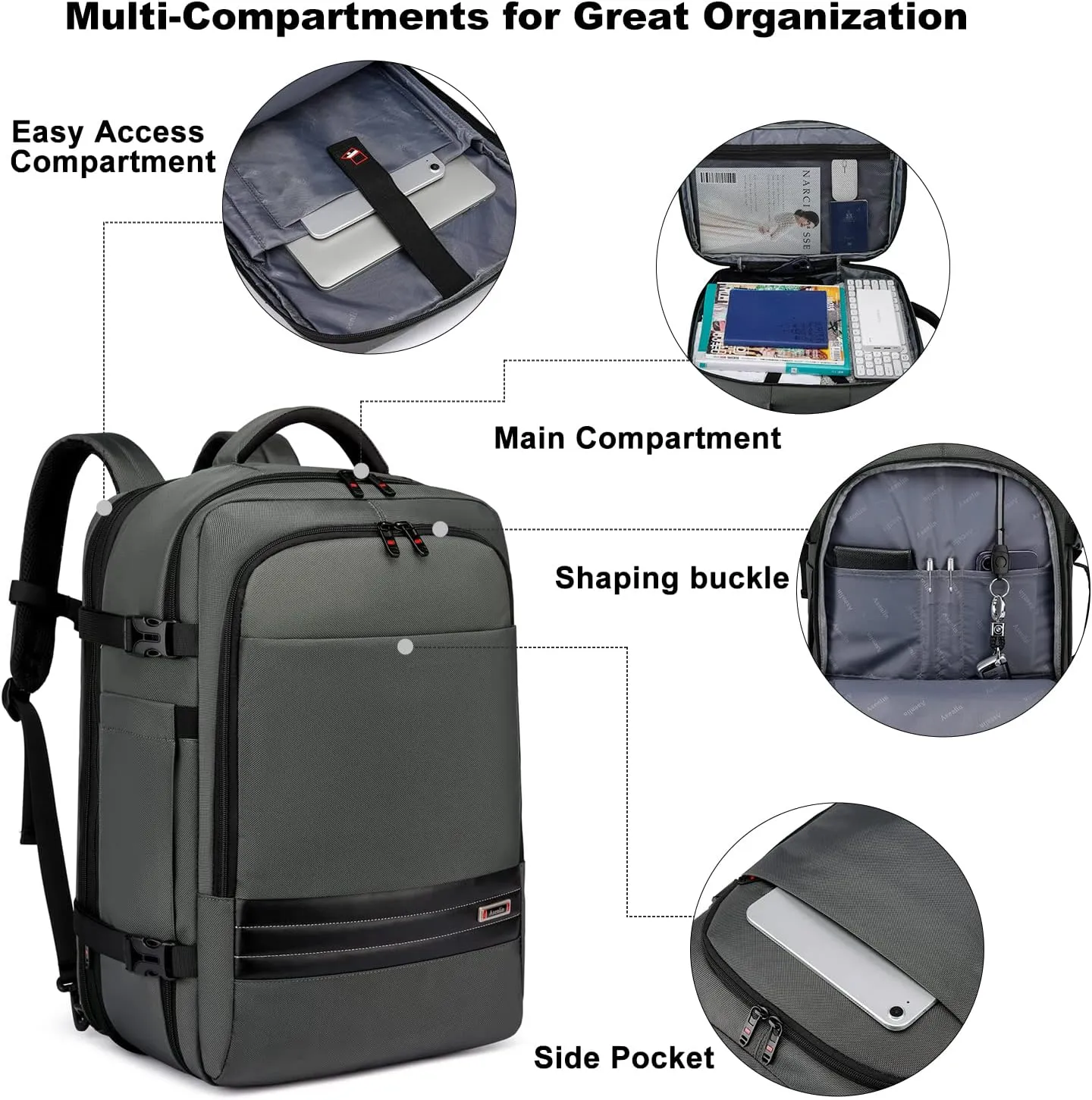 Asenlin 40L-50L Travel Backpack for Women Men18 Inch Laptop Backpack Flight Approved Luggage Carry On Water Resistant for Overnight Large Daypack-Grey