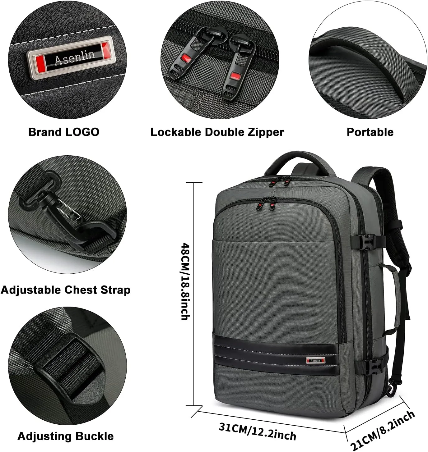 Asenlin 40L-50L Travel Backpack for Women Men18 Inch Laptop Backpack Flight Approved Luggage Carry On Water Resistant for Overnight Large Daypack-Grey