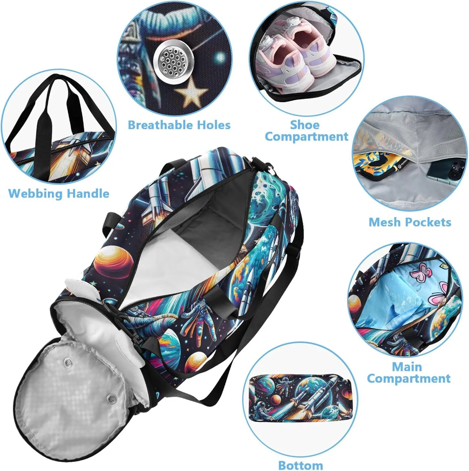 Astronauts Space Duffle Bags for Traveling Tote Toddler Weekender Bags with Shoe Compartment Boys Carry on Duffel Bag