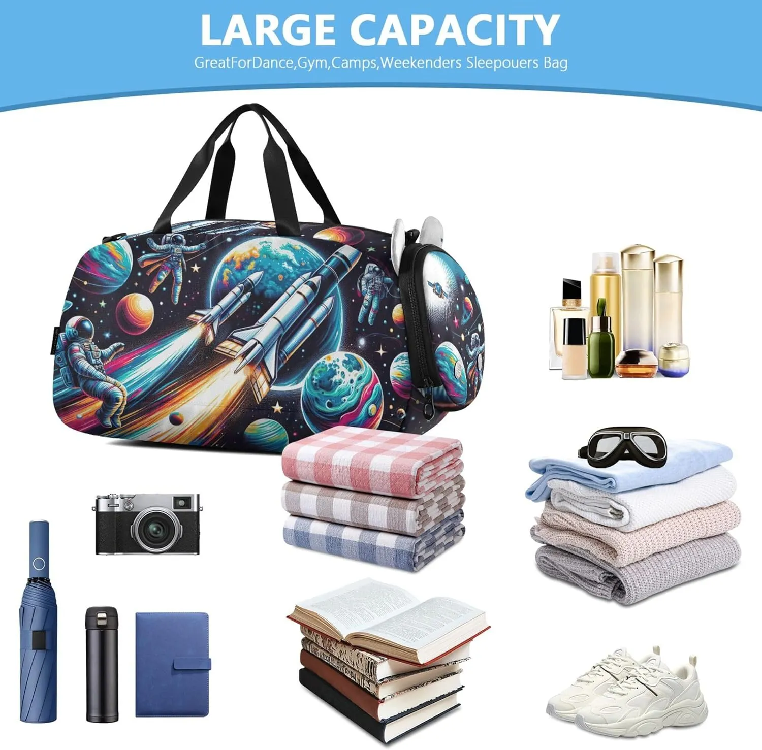 Astronauts Space Duffle Bags for Traveling Tote Toddler Weekender Bags with Shoe Compartment Boys Carry on Duffel Bag
