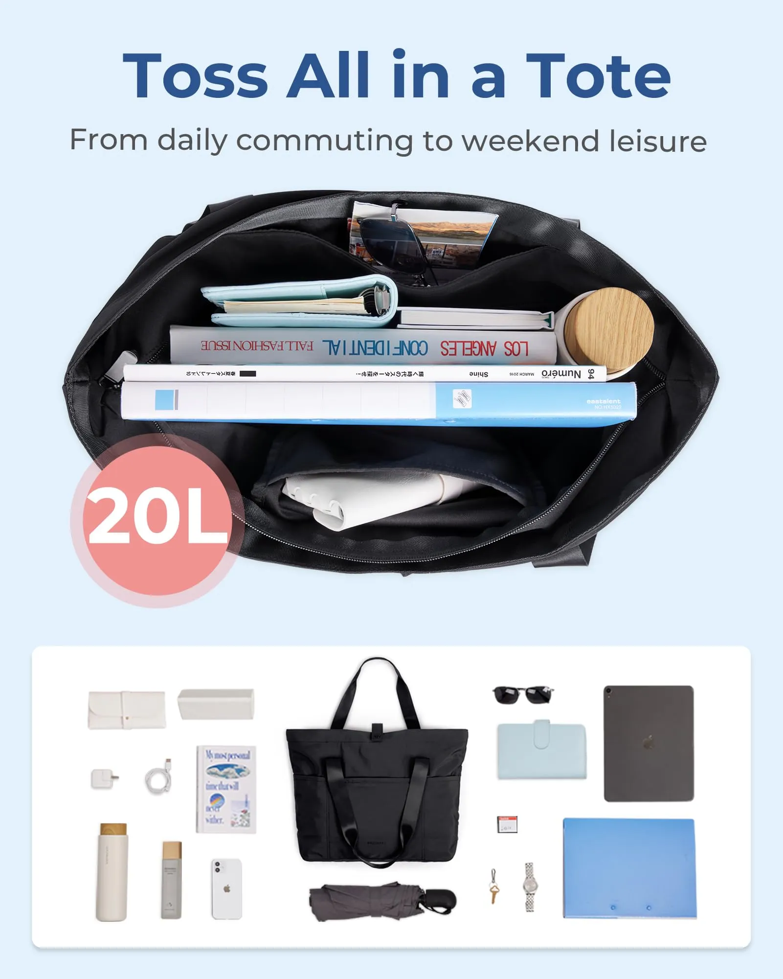 BAGSMART Tote Bag for Women, Foldable Tote Bag With Zipper Large Shoulder Bag Top Handle Handbag for Travel, Work