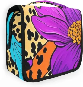 Boho Colorful Neon Tropical Flowers Travel Bag with hanging hook Waterproof Cosmetic Bags With Zipper with Compartments & Handle