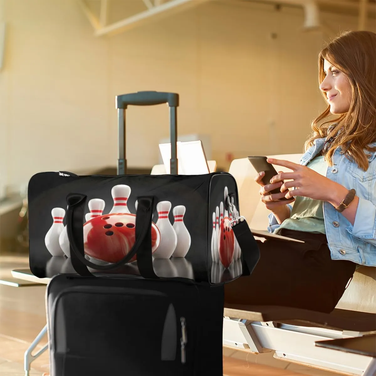 Bowling Ball Sports Travel Duffle Bag, Sports Gym Bags for Women Men, Carry On Weekender Overnight Workout Airplane Trips Bag