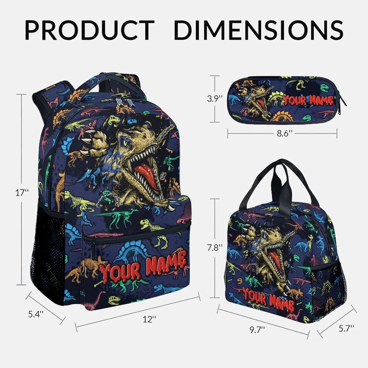 Boys Backpack with Lunch Box - Personalized 3 in 1 Cool Dinosaurs Bookbag for School, Travel - 17 Inch Custom School Bag Set for Kids