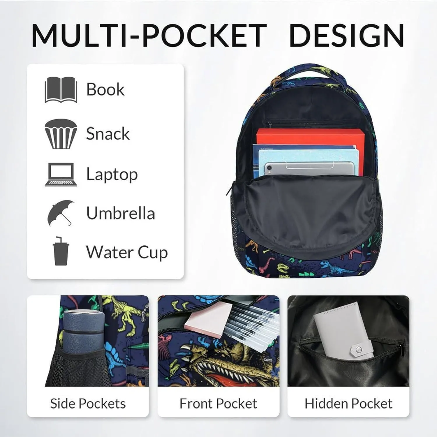 Boys Backpack with Lunch Box - Personalized 3 in 1 Cool Dinosaurs Bookbag for School, Travel - 17 Inch Custom School Bag Set for Kids