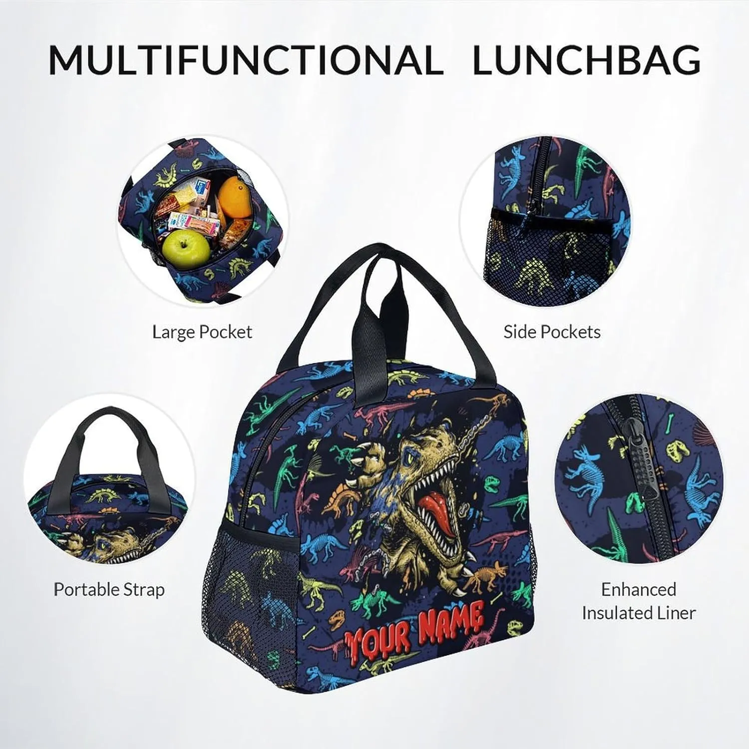 Boys Backpack with Lunch Box - Personalized 3 in 1 Cool Dinosaurs Bookbag for School, Travel - 17 Inch Custom School Bag Set for Kids