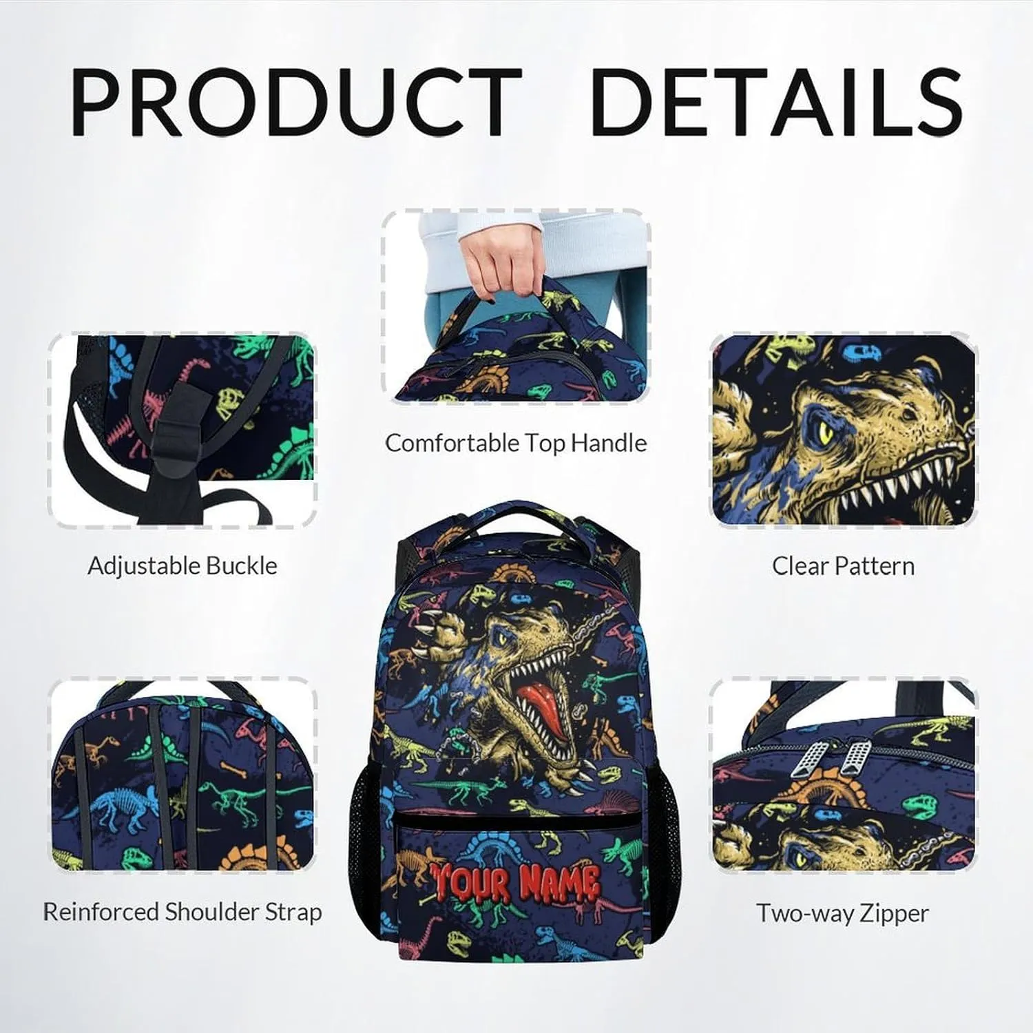 Boys Backpack with Lunch Box - Personalized 3 in 1 Cool Dinosaurs Bookbag for School, Travel - 17 Inch Custom School Bag Set for Kids