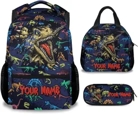 Boys Backpack with Lunch Box - Personalized 3 in 1 Cool Dinosaurs Bookbag for School, Travel - 17 Inch Custom School Bag Set for Kids