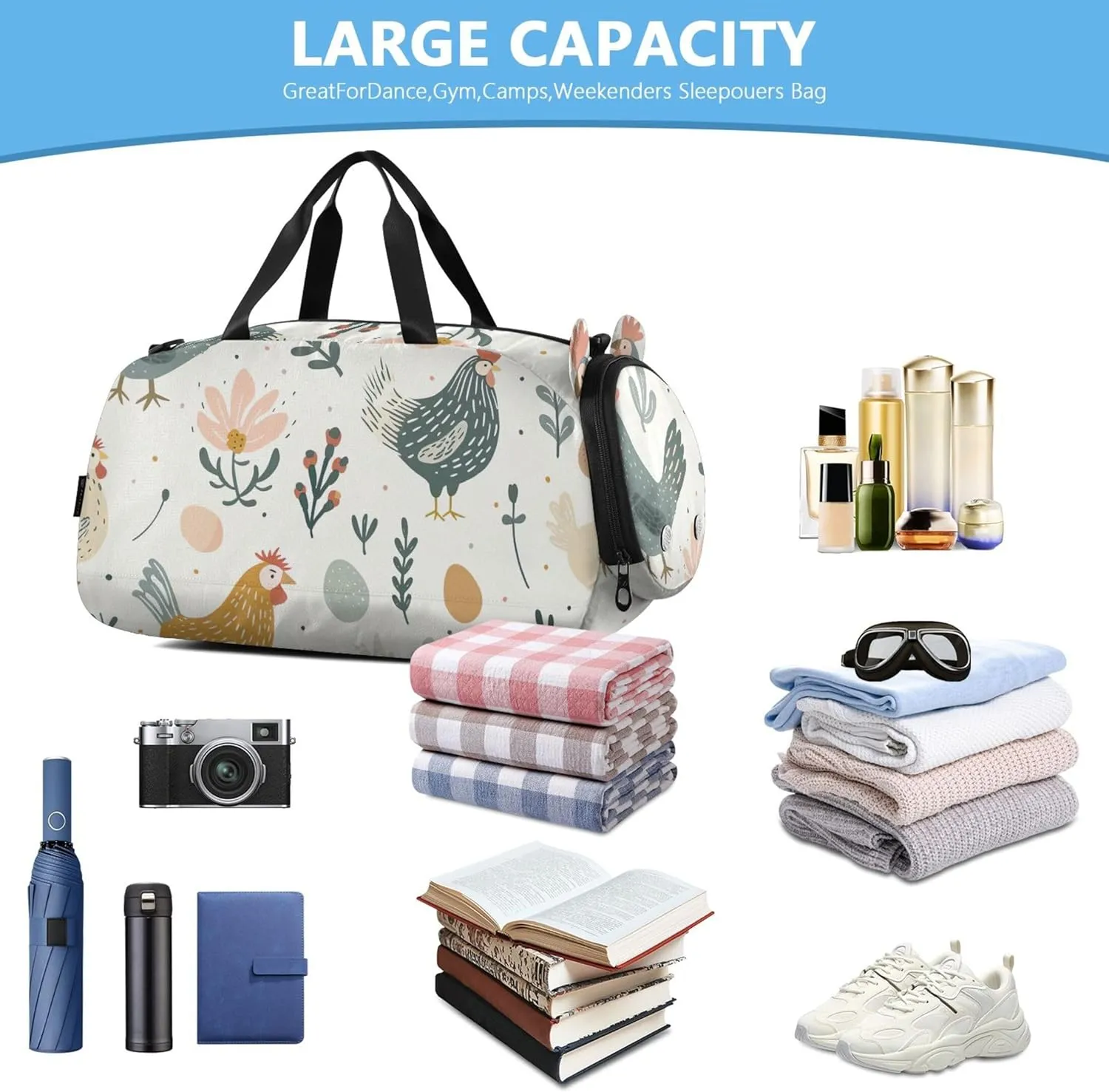 Boys Carry on Duffel Bag Chickens Floral Overnight Weekender Duffel Travel Duffle Bags Girls Tote Dance Duffle Bag