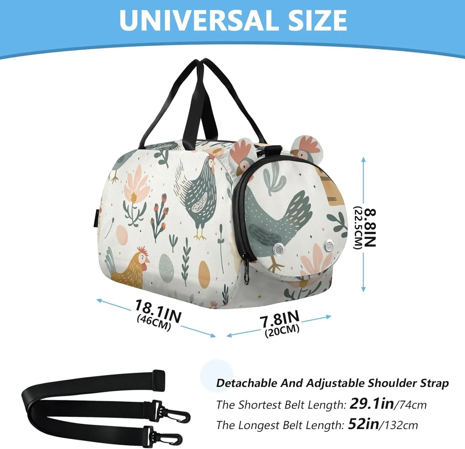 Boys Carry on Duffel Bag Chickens Floral Overnight Weekender Duffel Travel Duffle Bags Girls Tote Dance Duffle Bag