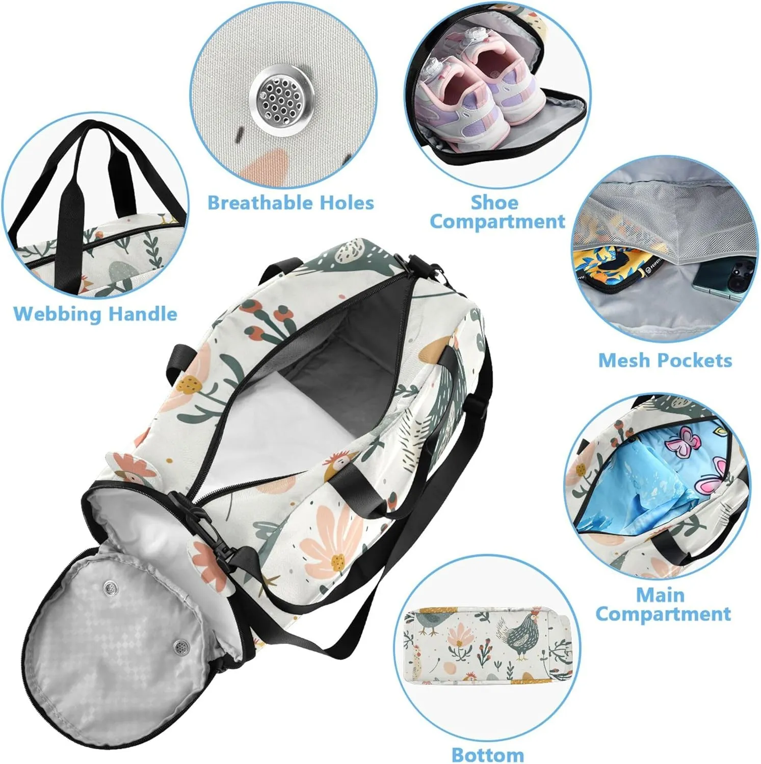 Boys Carry on Duffel Bag Chickens Floral Overnight Weekender Duffel Travel Duffle Bags Girls Tote Dance Duffle Bag