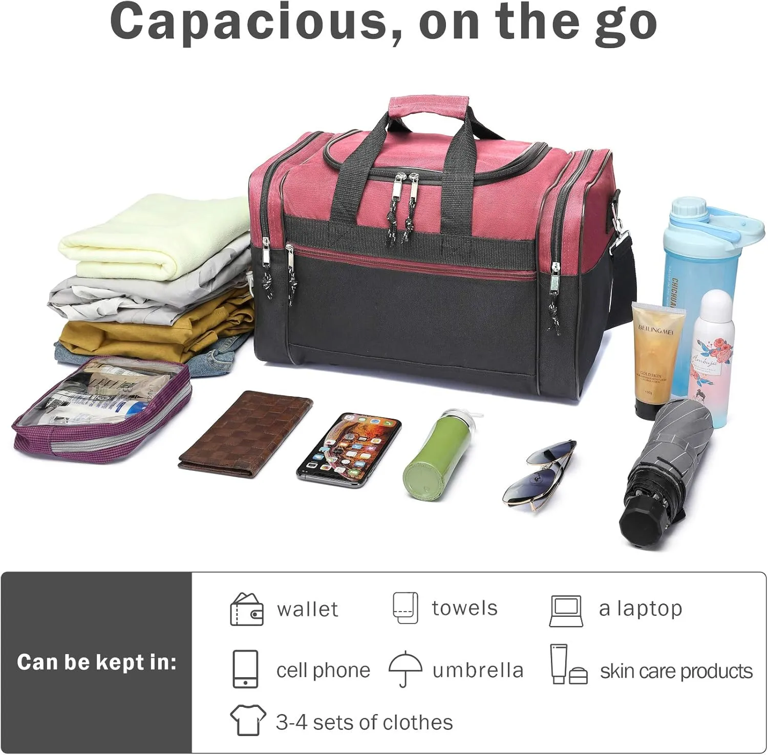 BuyAgain Duffle Bag, 17" Travel Carry On Sport Overnight Weekender Duffel Gym Bag with Adjustable Strap For Men Or Women