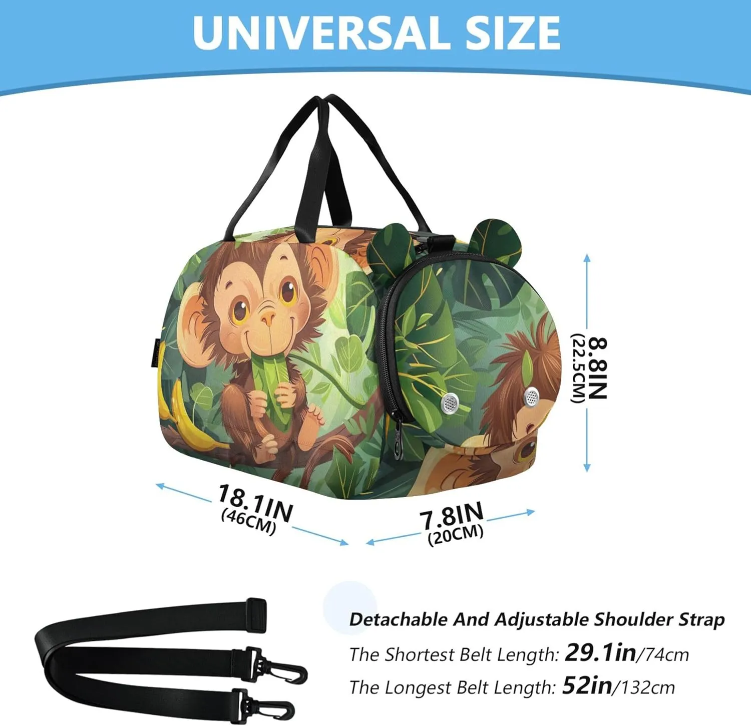 Carry on Duffel Bag Boys Cute Cartoon Monkey Banana Green Weekend Duffel Overnight Girls Duffle Bags Travel Tote Kids Gym Duffle