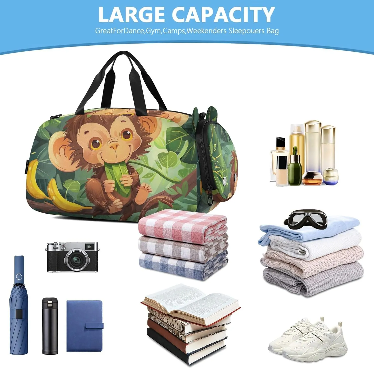 Carry on Duffel Bag Boys Cute Cartoon Monkey Banana Green Weekend Duffel Overnight Girls Duffle Bags Travel Tote Kids Gym Duffle