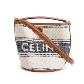 Celine 2022 Neutral Canvas Brown Leather Logo Teen 16 Bucket Bag w/ Strap
