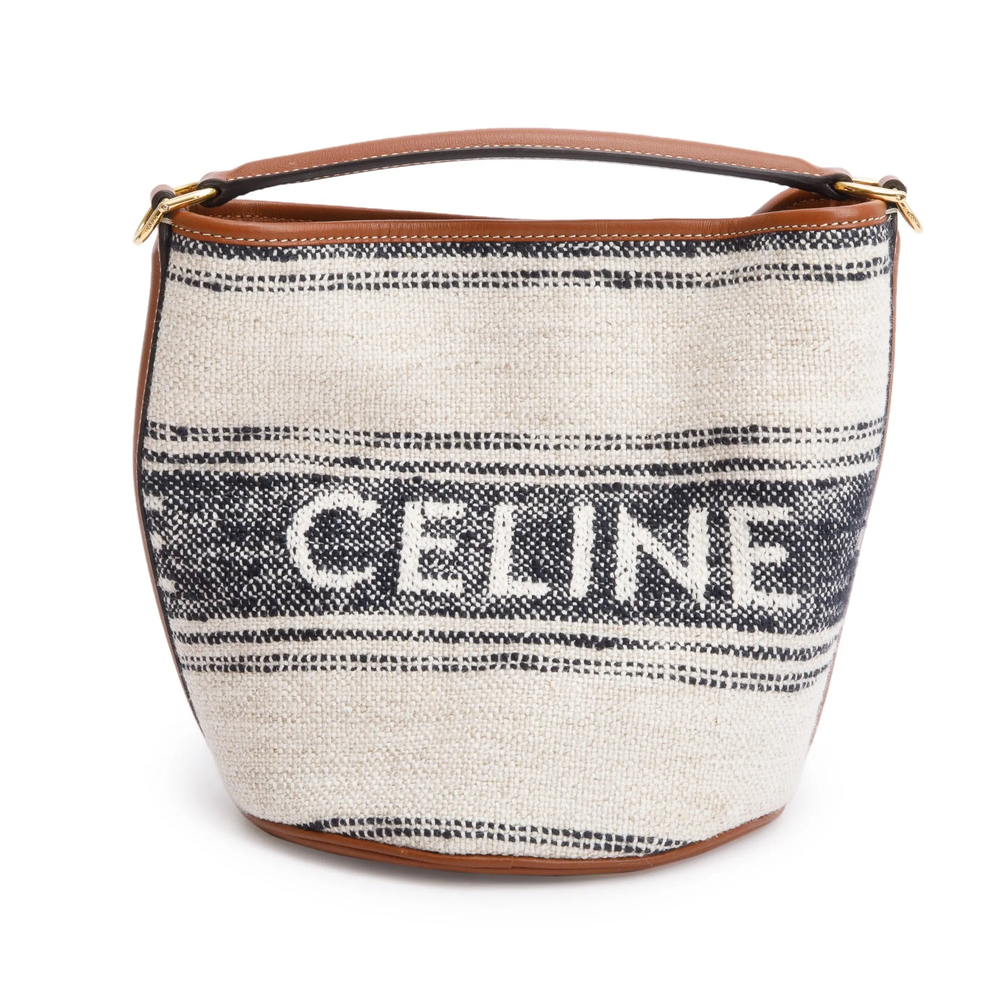 Celine 2022 Neutral Canvas Brown Leather Logo Teen 16 Bucket Bag w/ Strap