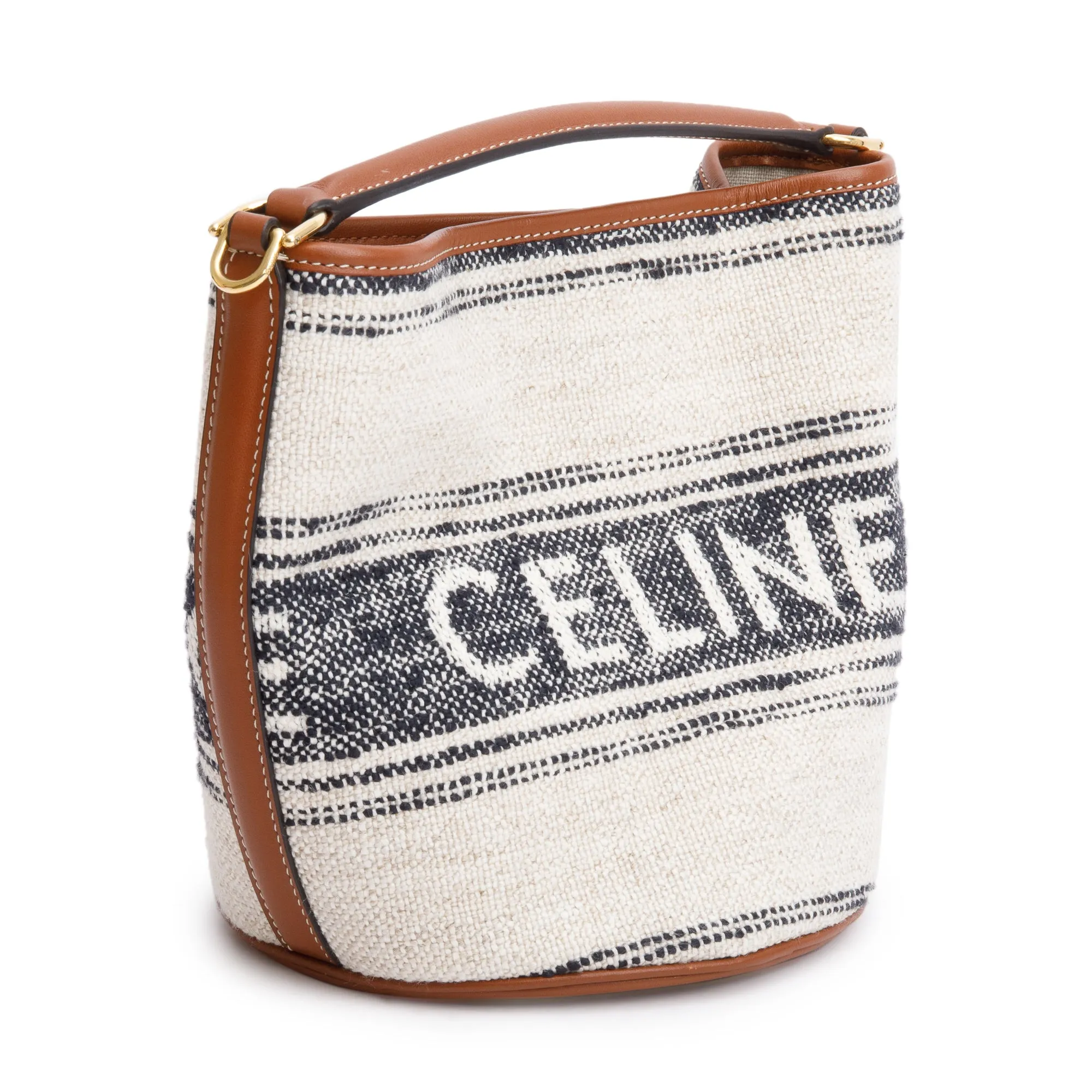 Celine 2022 Neutral Canvas Brown Leather Logo Teen 16 Bucket Bag w/ Strap