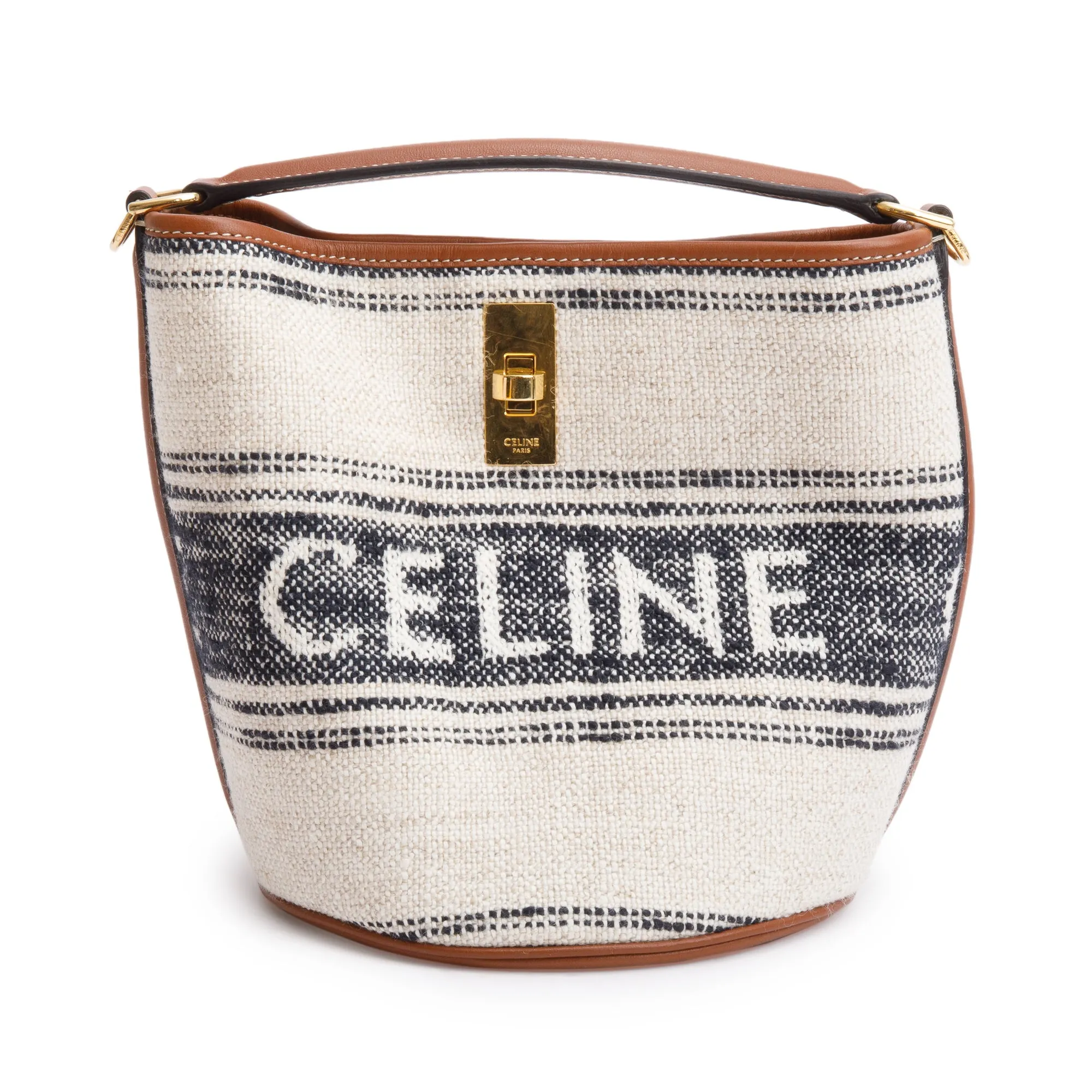 Celine 2022 Neutral Canvas Brown Leather Logo Teen 16 Bucket Bag w/ Strap
