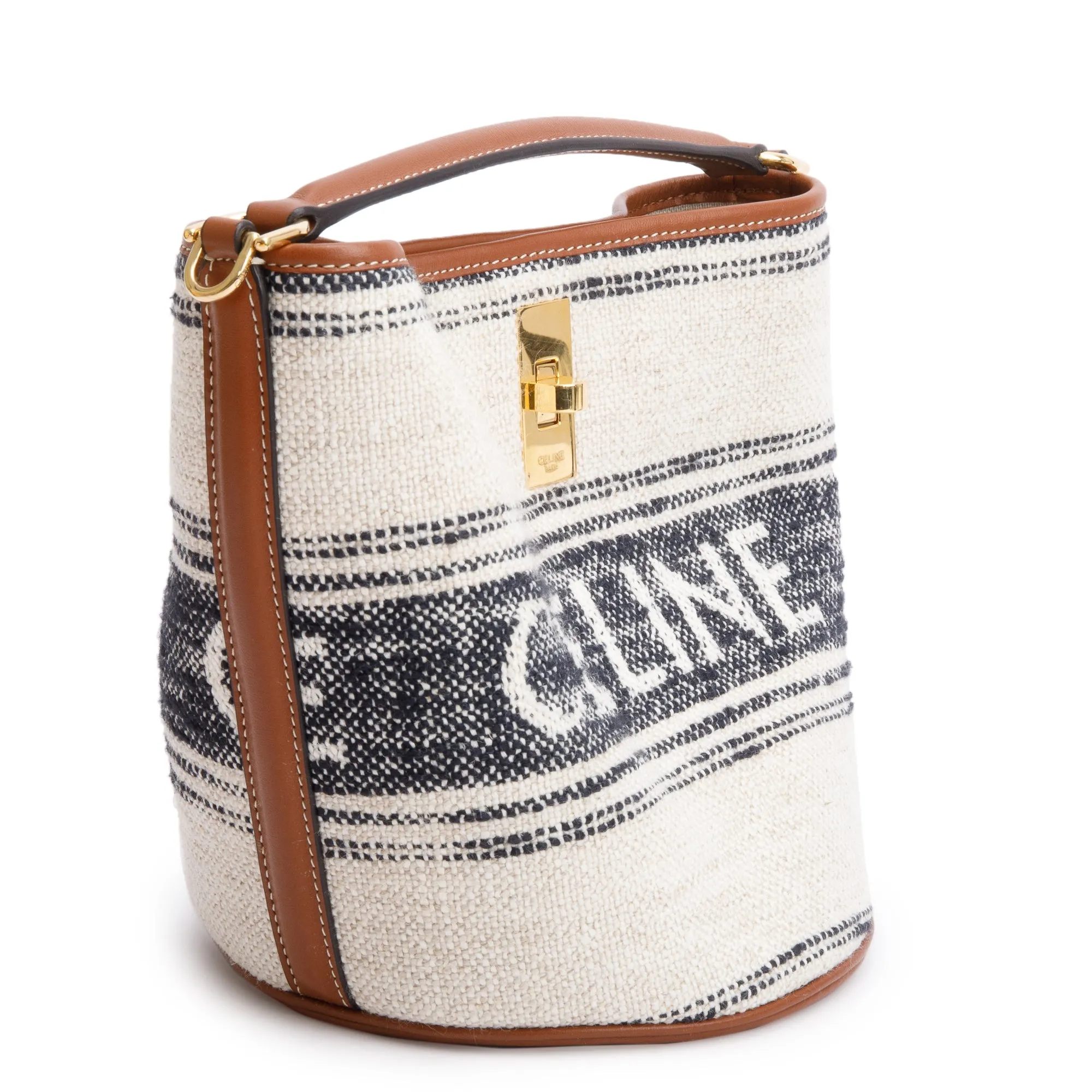 Celine 2022 Neutral Canvas Brown Leather Logo Teen 16 Bucket Bag w/ Strap