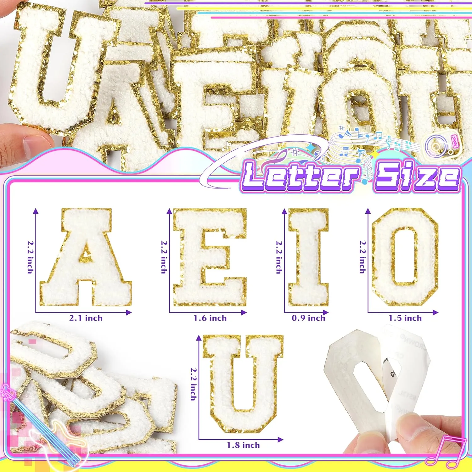 Chenille Letters Patches Self-Adhesive for Clothing: NICEVINYL 30pcs White Vowel Letters Patches Sew on for Fabric - Fuzzy A-E-I-O-U Varsity Letter Stickers for Backpacks Trucker Hats Makeup Bags