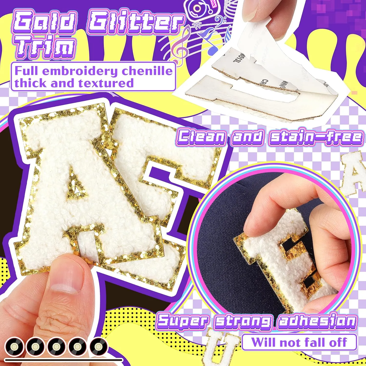Chenille Letters Patches Self-Adhesive for Clothing: NICEVINYL 30pcs White Vowel Letters Patches Sew on for Fabric - Fuzzy A-E-I-O-U Varsity Letter Stickers for Backpacks Trucker Hats Makeup Bags
