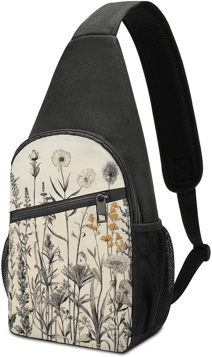 Crossbody Bag for Women Men Sling Bag Floral Swan Chest Bag Crossbody Adjustable Shoulder Bag