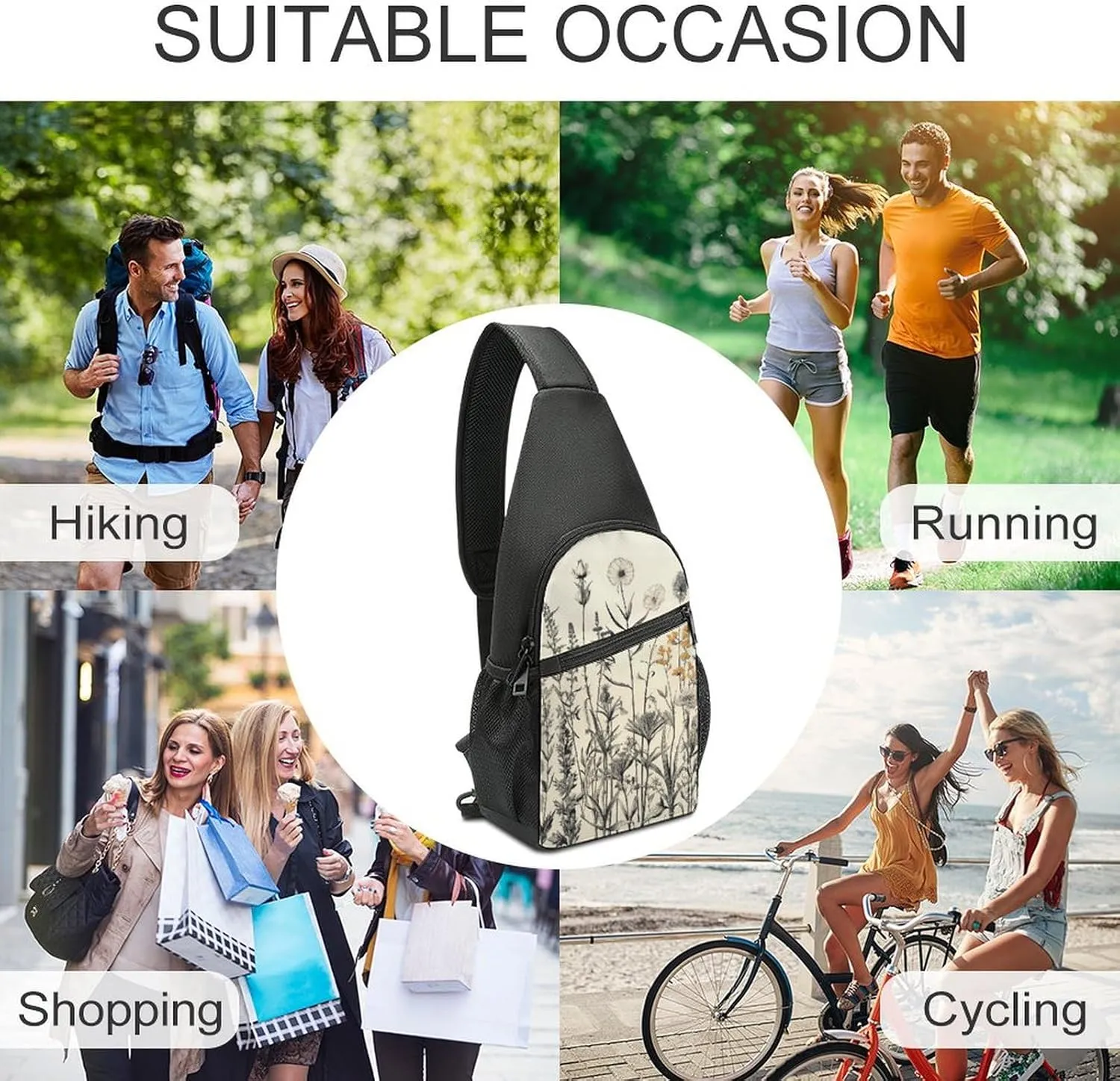 Crossbody Bag for Women Men Sling Bag Floral Swan Chest Bag Crossbody Adjustable Shoulder Bag