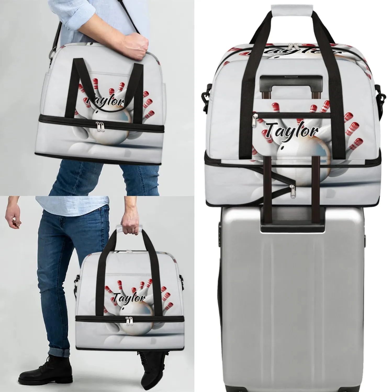 Customized Gym Bag for Women, Personalized Bowling Ball Travel Duffel Bag with Name, Bowling Sport Weekender Overnight Bag with Shoes Compartment for Men Travel Yoga
