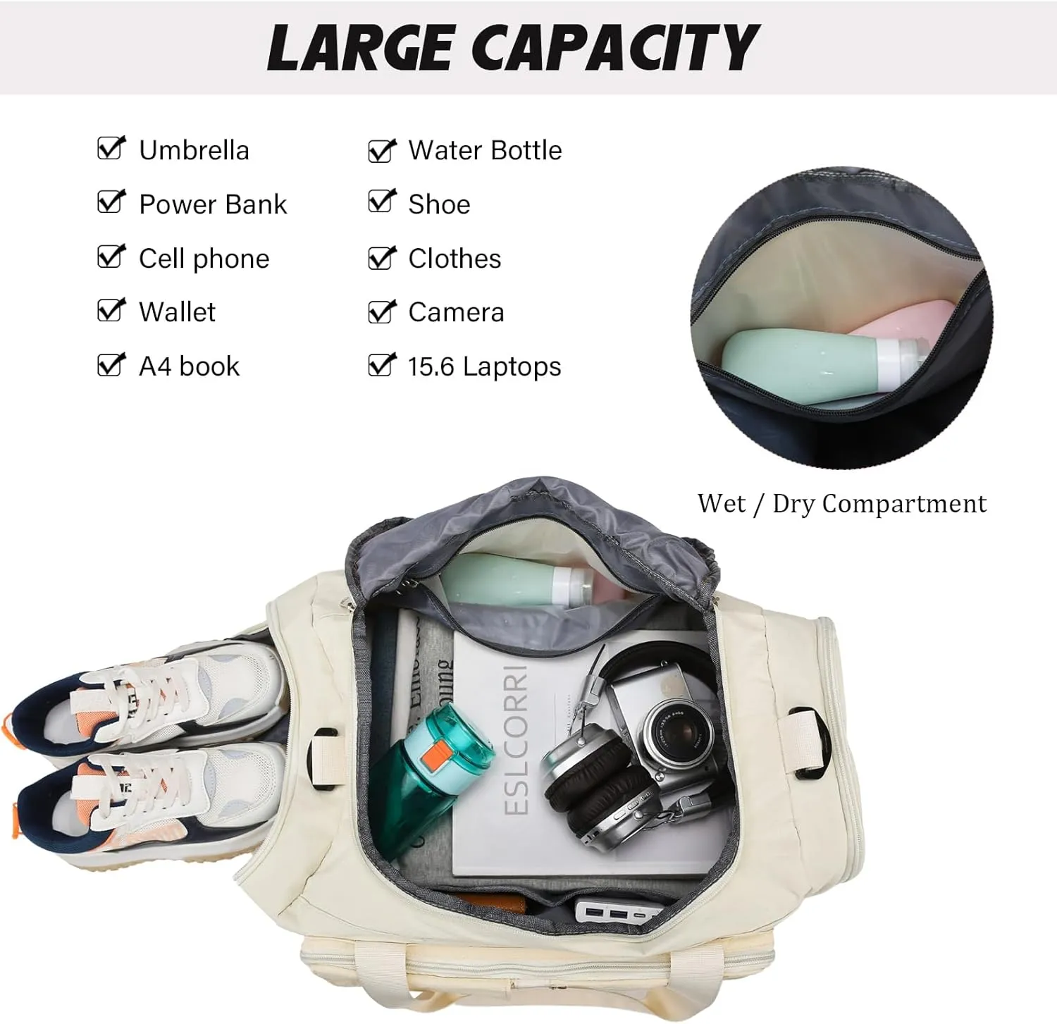 Eslcorri Foldable Duffle Gym Bags for Women Men Small 3 in 1 Travel Duffel Backpack with Shoe & Wet Pocket Collapsible Carry On Personal Item Luggage Fit for Overnight Weekender Sport Fitness -Beige