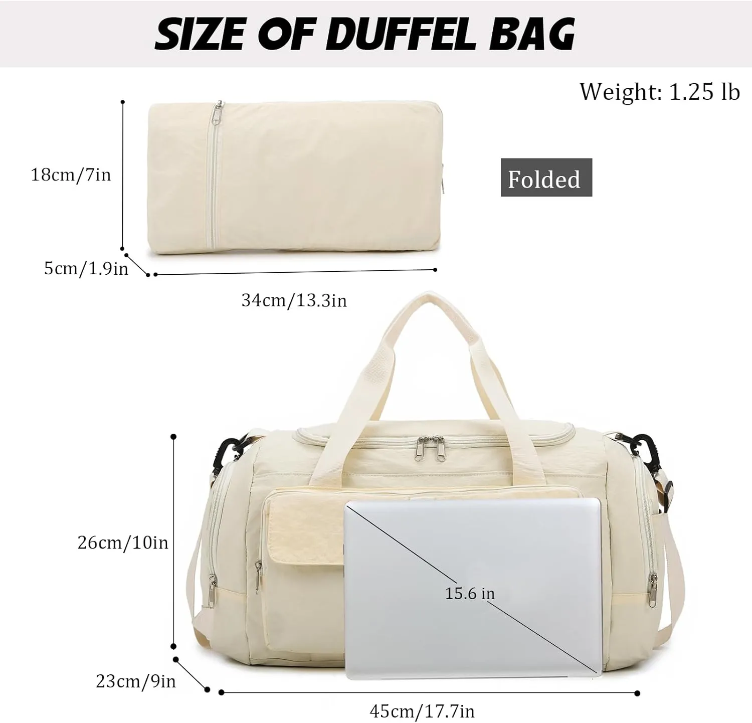 Eslcorri Foldable Duffle Gym Bags for Women Men Small 3 in 1 Travel Duffel Backpack with Shoe & Wet Pocket Collapsible Carry On Personal Item Luggage Fit for Overnight Weekender Sport Fitness -Beige