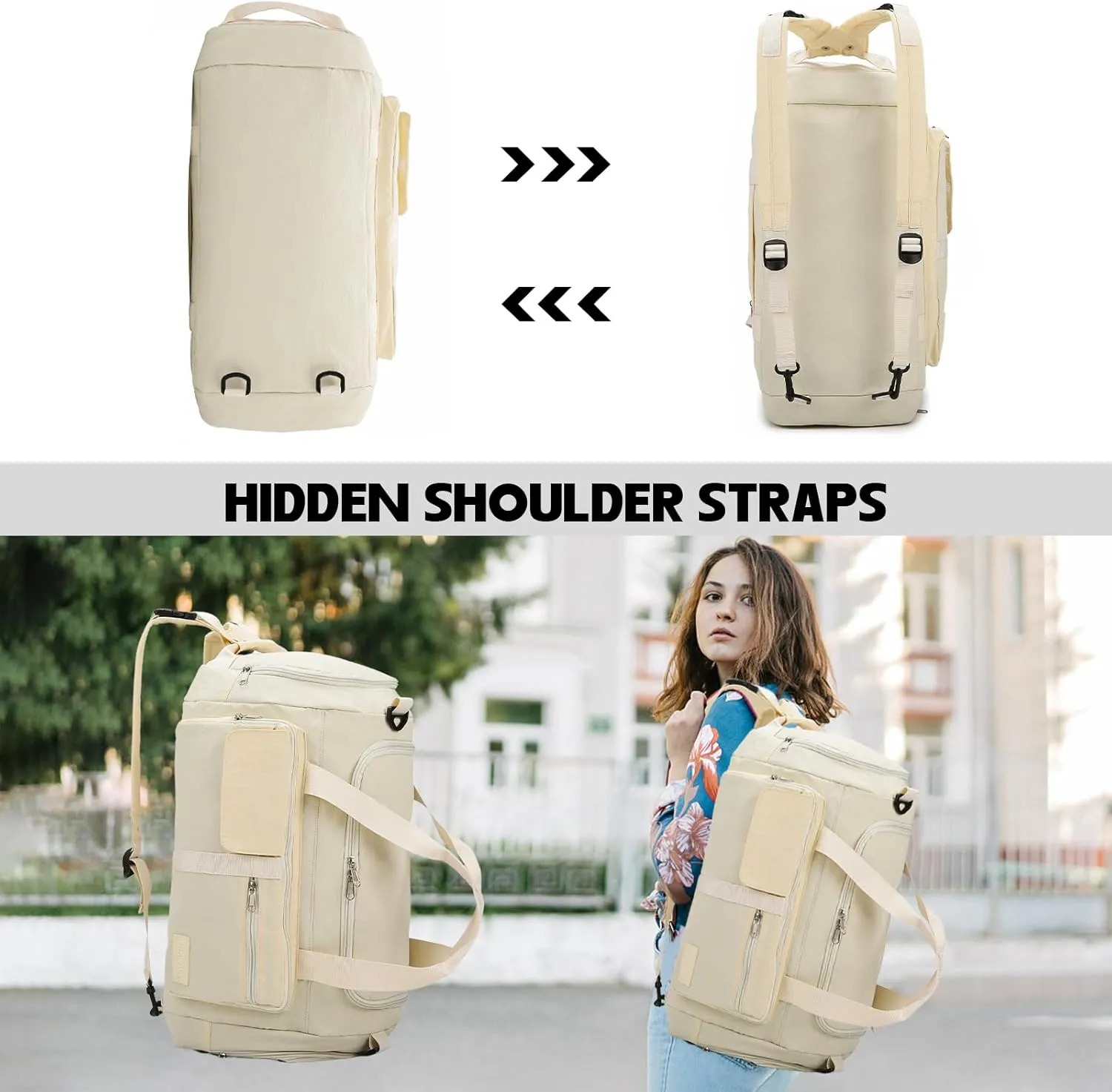Eslcorri Foldable Duffle Gym Bags for Women Men Small 3 in 1 Travel Duffel Backpack with Shoe & Wet Pocket Collapsible Carry On Personal Item Luggage Fit for Overnight Weekender Sport Fitness -Beige