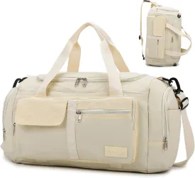 Eslcorri Foldable Duffle Gym Bags for Women Men Small 3 in 1 Travel Duffel Backpack with Shoe & Wet Pocket Collapsible Carry On Personal Item Luggage Fit for Overnight Weekender Sport Fitness -Beige