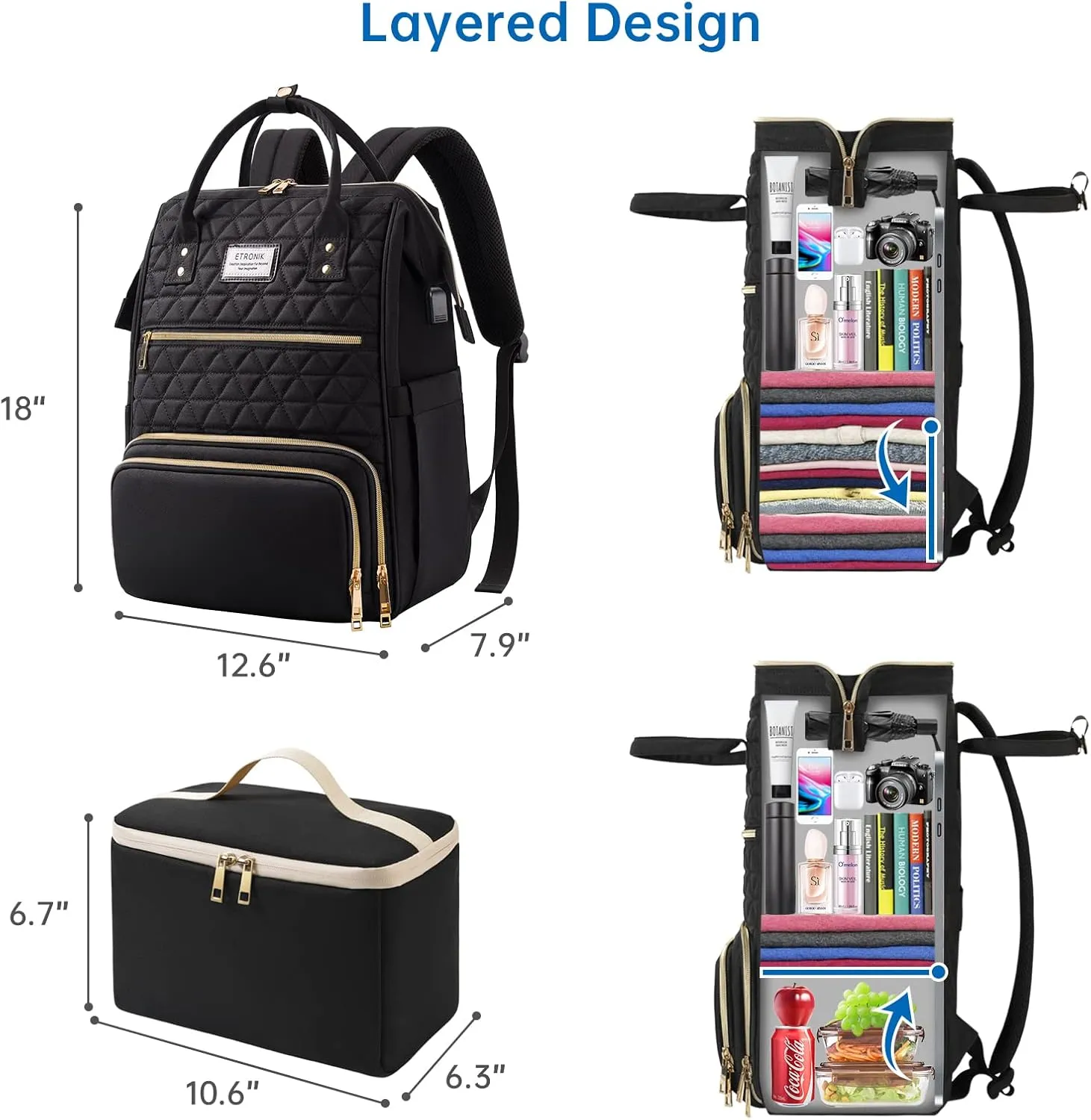 ETRONIK Lunch Backpack for Women, 17.3 Inch Laptop Backpack with USB Port, Stylish Nurse Backpack Teacher Work Bag with Insulated Cooler Lunch Box for Women Men/Travel, Black