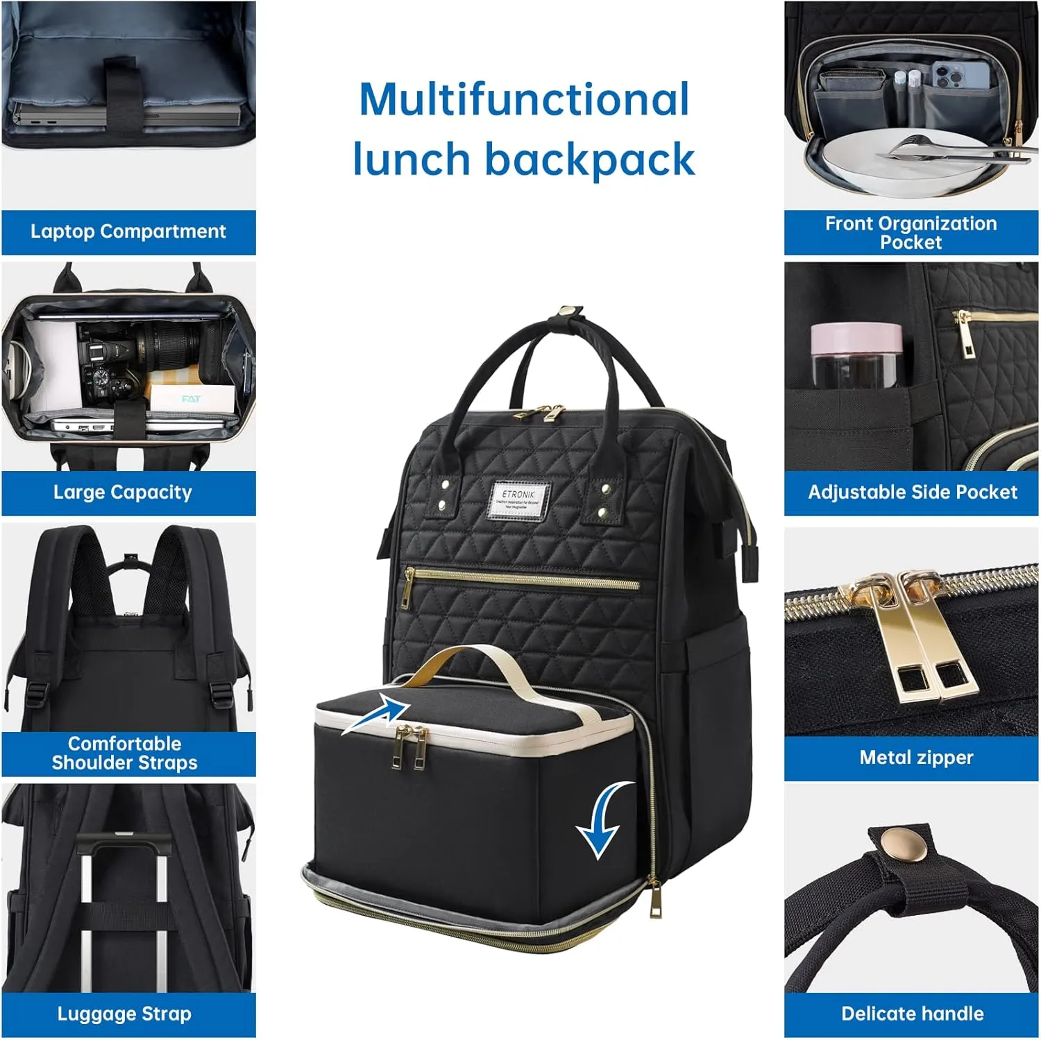 ETRONIK Lunch Backpack for Women, 17.3 Inch Laptop Backpack with USB Port, Stylish Nurse Backpack Teacher Work Bag with Insulated Cooler Lunch Box for Women Men/Travel, Black
