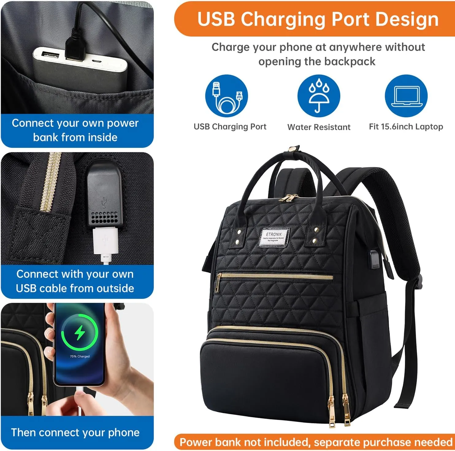 ETRONIK Lunch Backpack for Women, 17.3 Inch Laptop Backpack with USB Port, Stylish Nurse Backpack Teacher Work Bag with Insulated Cooler Lunch Box for Women Men/Travel, Black