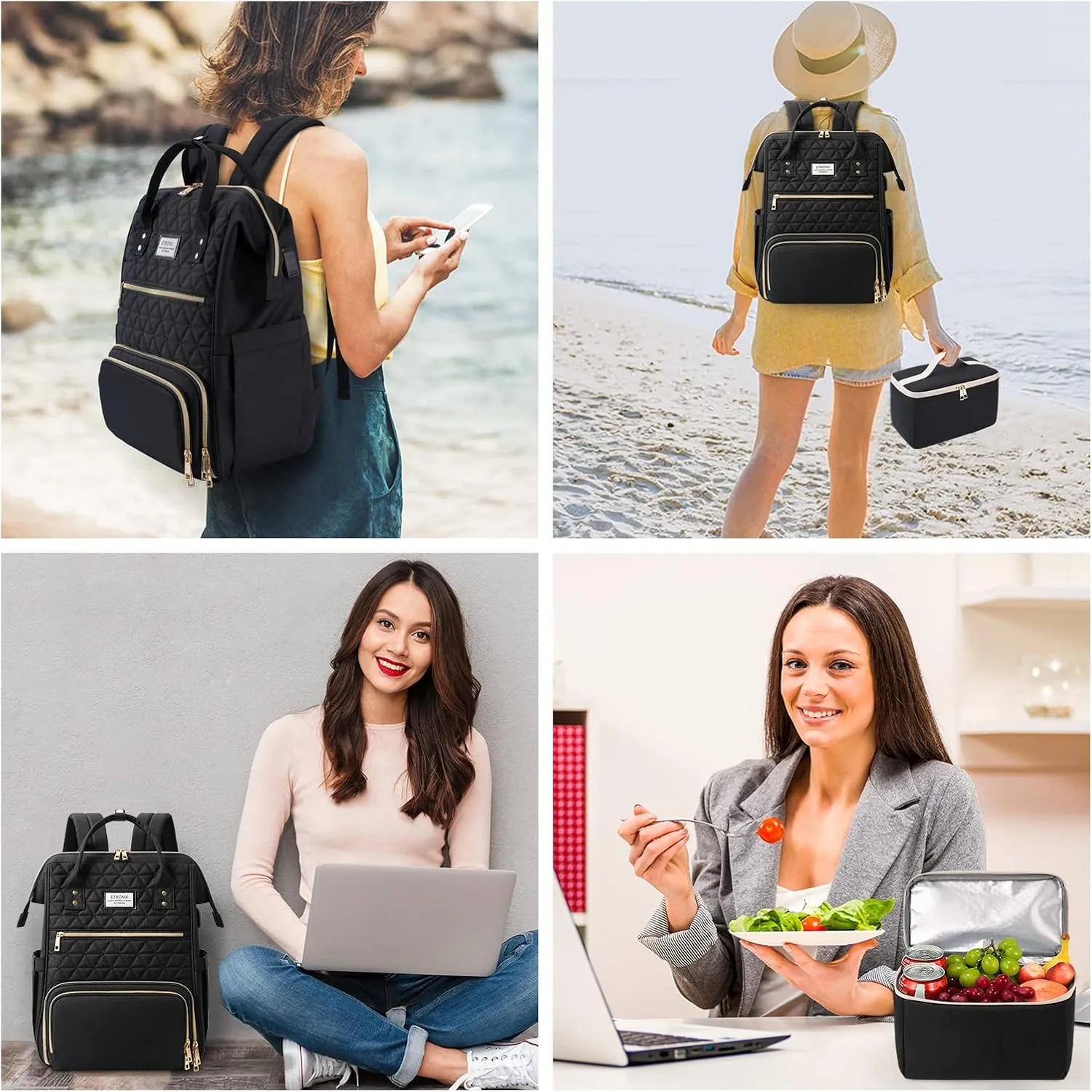 ETRONIK Lunch Backpack for Women, 17.3 Inch Laptop Backpack with USB Port, Stylish Nurse Backpack Teacher Work Bag with Insulated Cooler Lunch Box for Women Men/Travel, Black