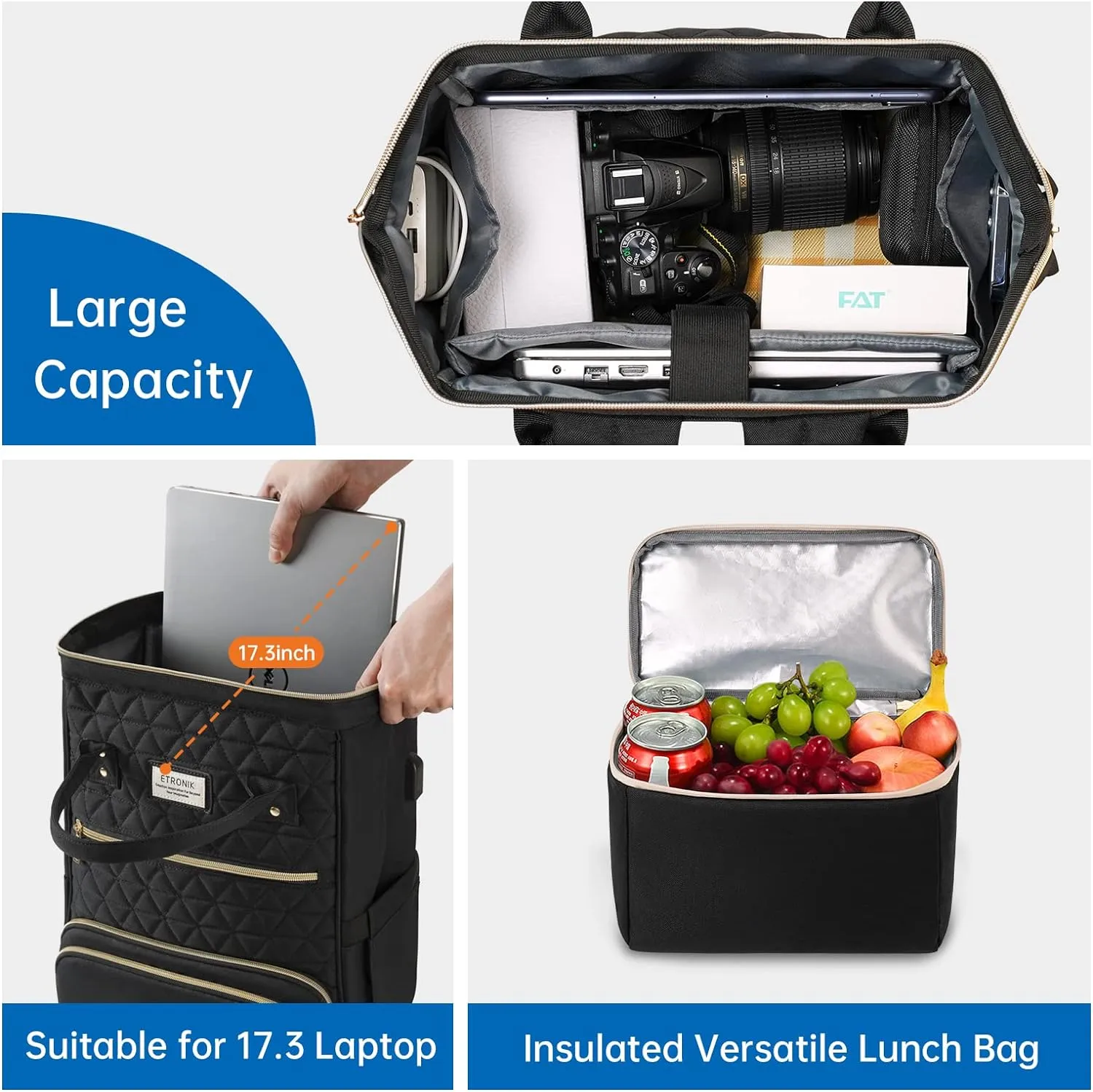ETRONIK Lunch Backpack for Women, 17.3 Inch Laptop Backpack with USB Port, Stylish Nurse Backpack Teacher Work Bag with Insulated Cooler Lunch Box for Women Men/Travel, Black