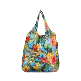 Foldable Reusable Shopping bag TROPICAL GARDEN - AQUA / BLACK