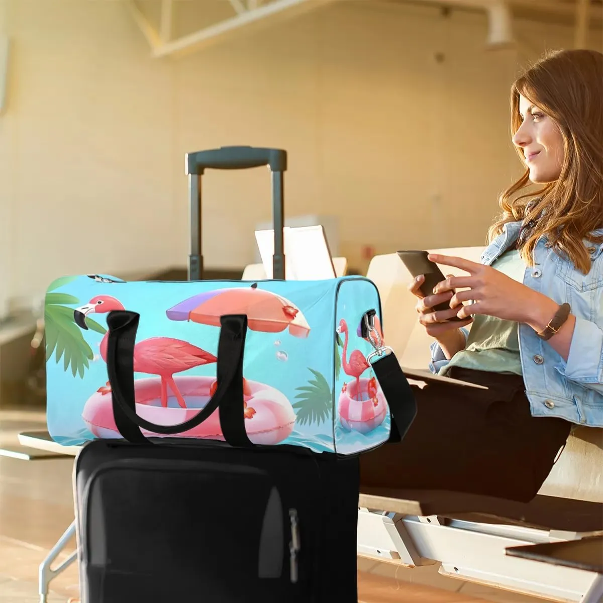 Foldable Travel Bag Flamingo Beach Lightweight Carry On Bags for Airplanes Waterproof Travel Duffle Bag For Gym Weekend Overnight