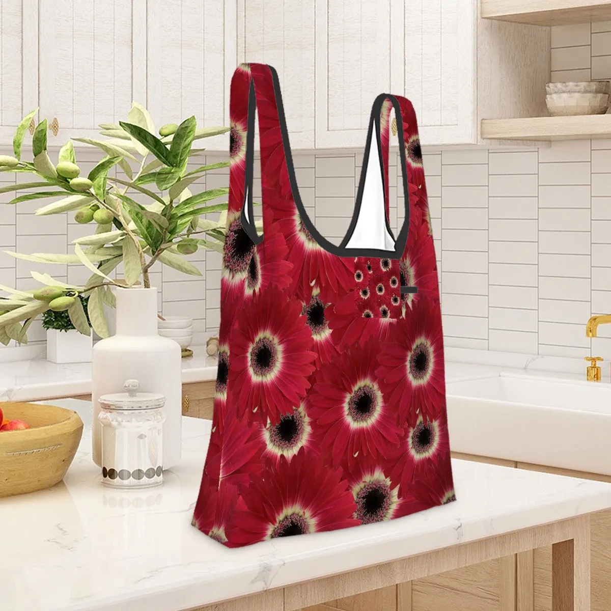 Folding Shopping Bag (Polyester with storage pouch) Gerbera Daisy 1