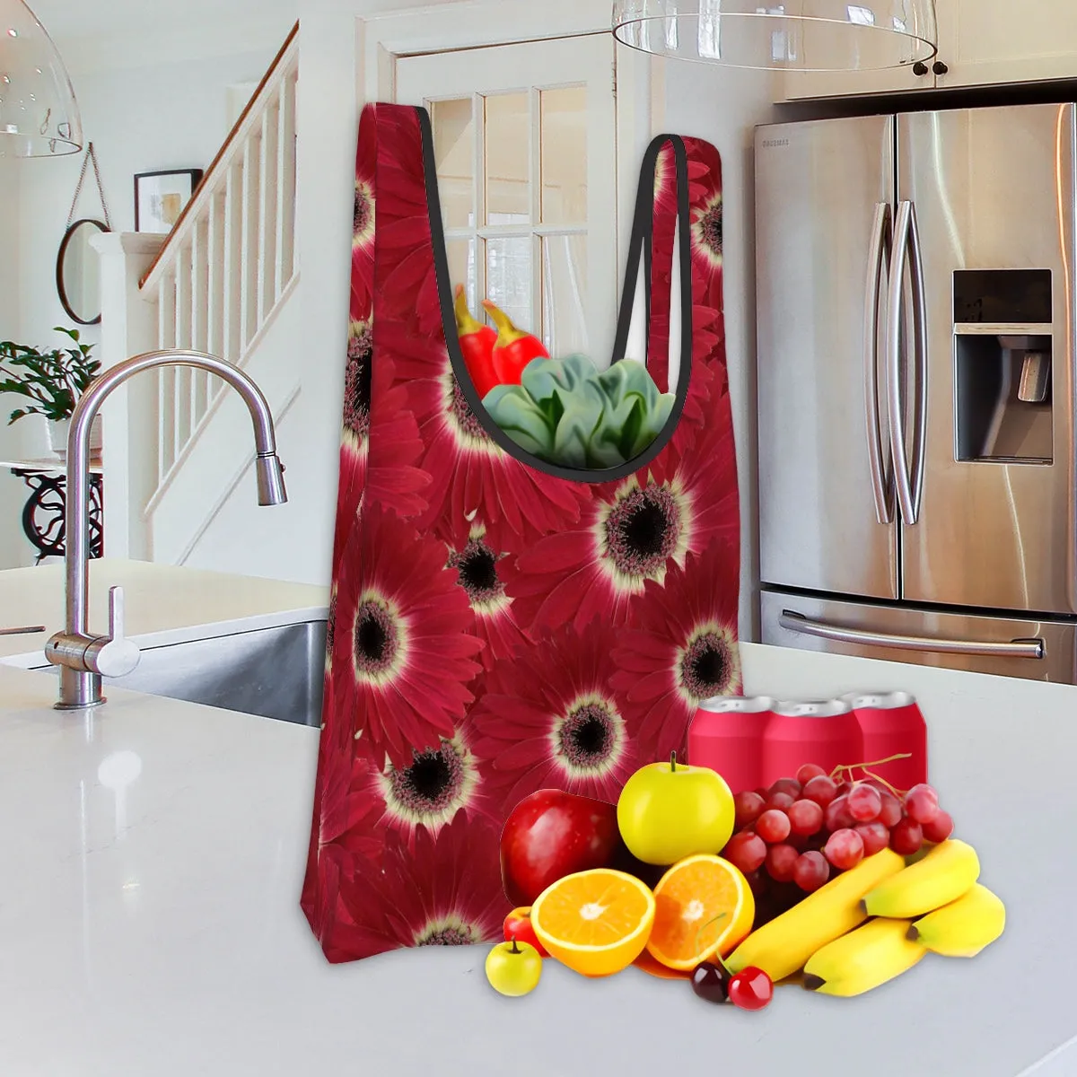 Folding Shopping Bag (Polyester with storage pouch) Gerbera Daisy 1