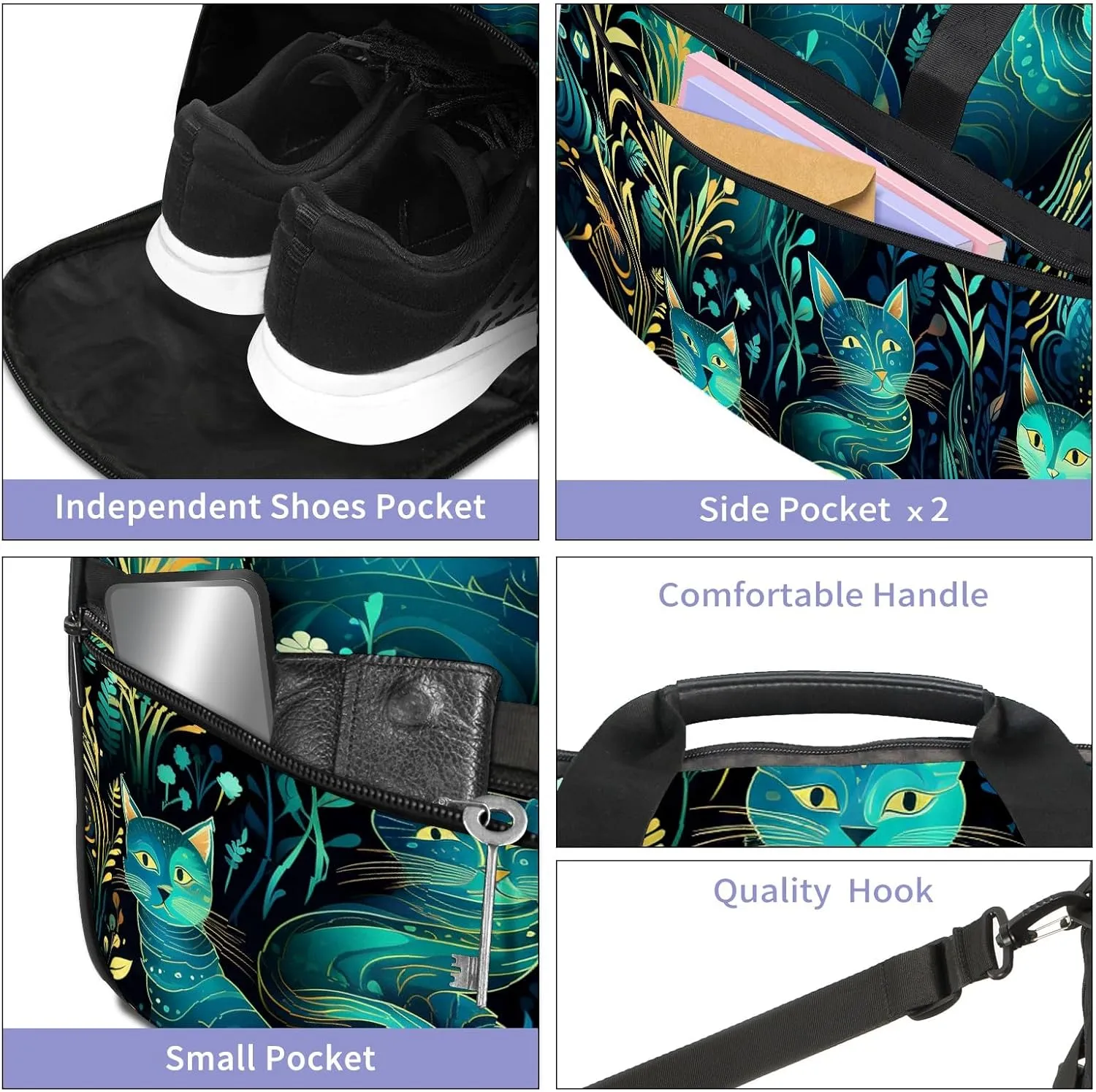 Gym Bag for Women, Carry on Weekender Overnight Bag, Travel Duffel Bags, Personal Item Travel Bag Tote Bag Workout Dance Bag, Cat - 21